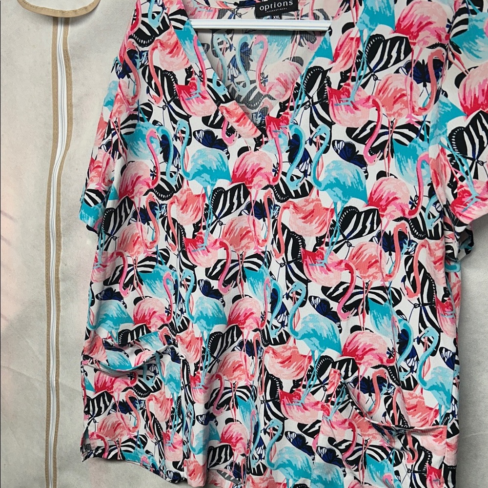 Flamingo Print Women's Scrub Top - Pink and Blue